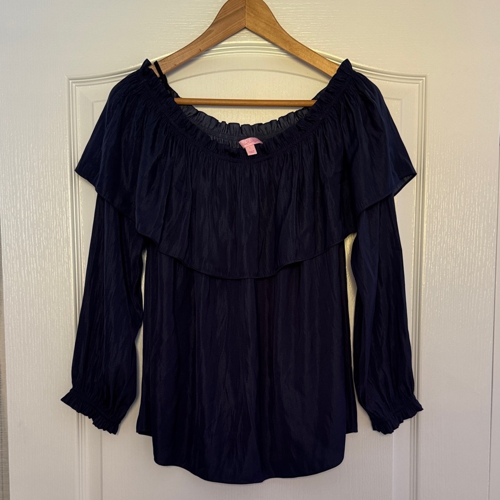 Lilly Pulitzer Dee Midnight Blue ruffle off the shoulder blouse